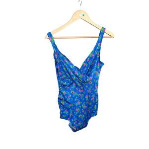 Catalina Women's Sz 12 Vintage Blue One-Piece Bathing Suit Floral Full Coverage